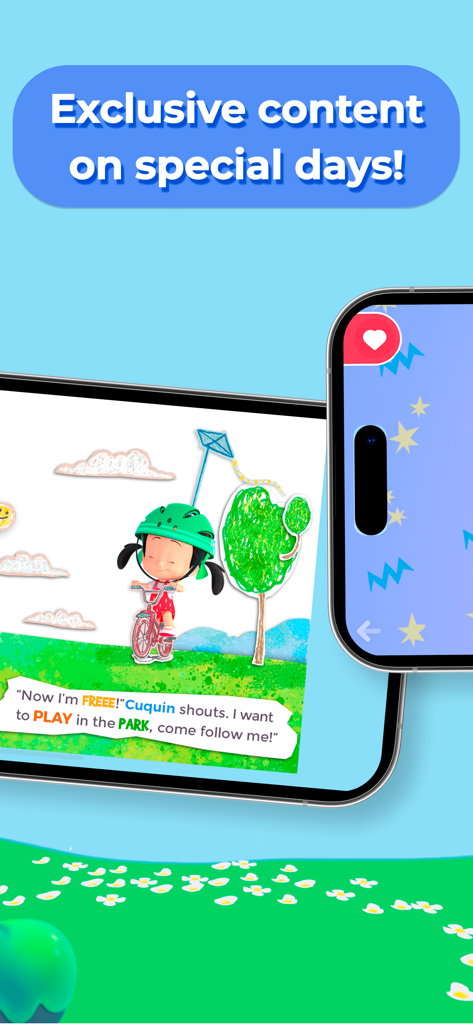 Cuquin Playtime with Cleo 2+ - Cuquin Playtime app showing an interactive digital storybook on a smartphone screen