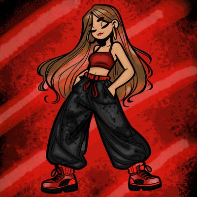 girl in baggy pants crop top and long hair