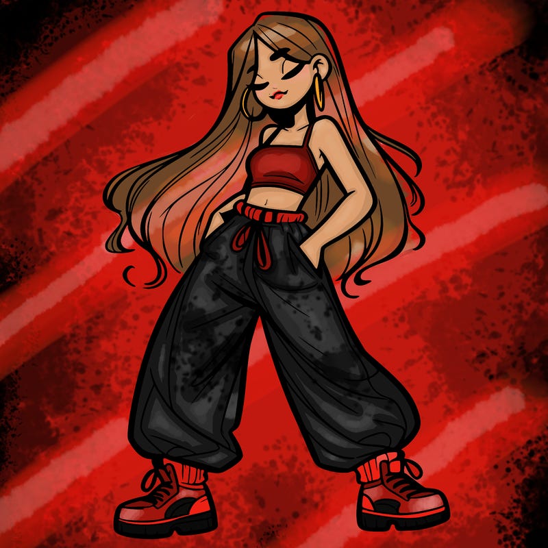 girl in baggy pants crop top and long hair