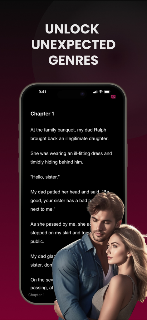 Readora app interface showing a romance novel chapter with a romantic couple illustration and the headline Unlock Unexpected Genres