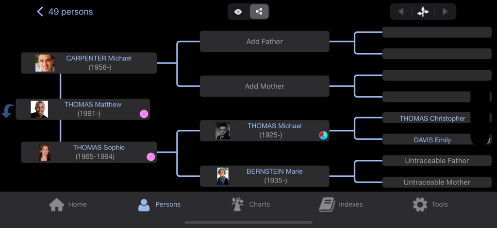 Horizontal family tree layout showing multiple generations in the Heredis 2026 genealogy app