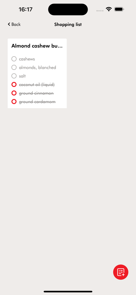 ZWILLING App - The ZWILLING App shopping list feature displaying ingredients for a nut butter recipe.