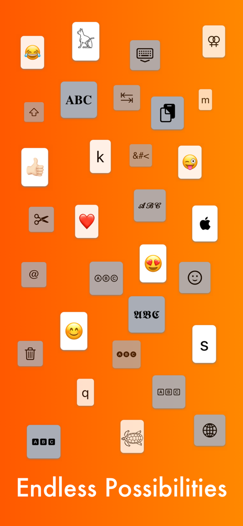 MyKeyboard - Custom Keyboard - Various keyboard keys including emojis fonts and utility icons on an orange background with Endless Possibilities text