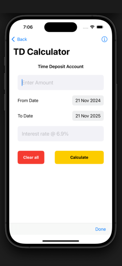 PO Interest Calculator - Interface of the Post Office Time Deposit interest calculator showing fields for amount, start date, and end date