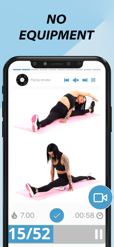 Stretching & Flexibility - Mobile app interface showing a woman performing splits as part of a no equipment stretching routine.