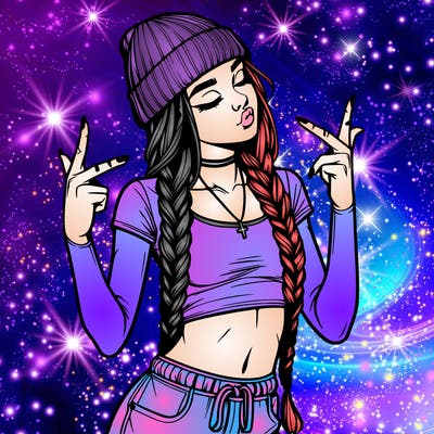 realistic teenage girl with braids and a beanie and crop top doing 🫶🏼