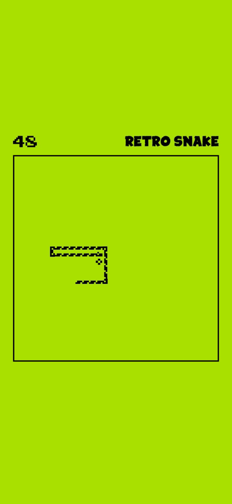 Jogabilidade do Retro Snake mostrando uma cobrinha pixelizada e pontuação em um estilo minimalista.