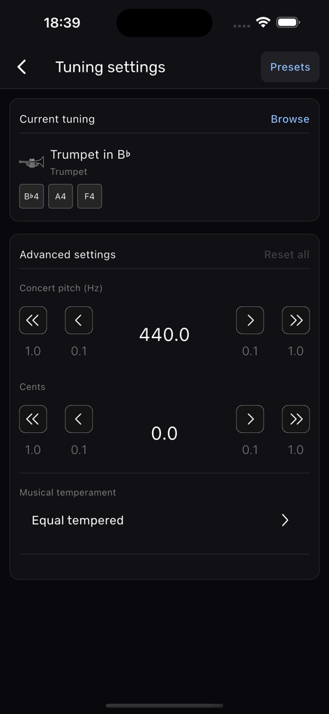 Trumpet Tuner – XTuner PRO - Advanced tuning settings screen in the Trumpet Tuner XTuner PRO app showing concert pitch and temperament options