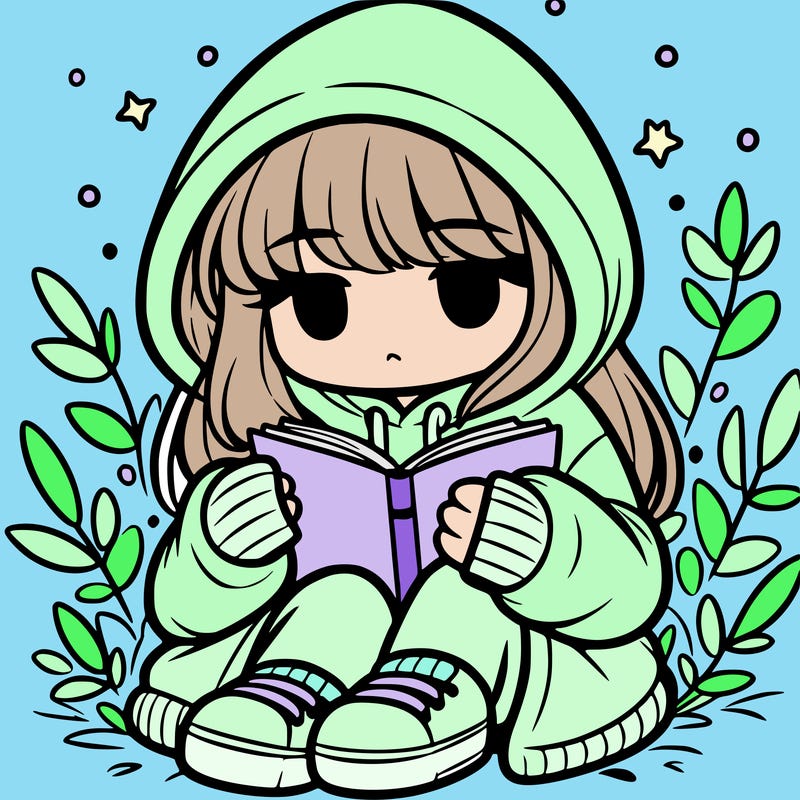 girl in oversized hoodie reading a book