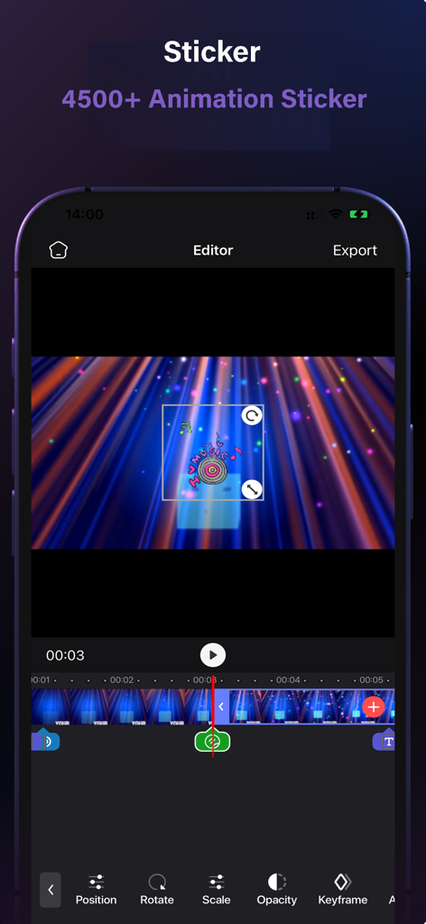 Flipagṙam - A mobile interface of the GenVideo app showing a music-themed animated sticker being edited over a video background with timeline controls