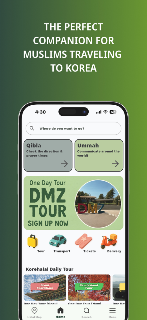 Korehalal Trip : Muslim Travel - Interface of Korehalal Trip app showing travel features for Muslims in Korea including tours and Qibla finder