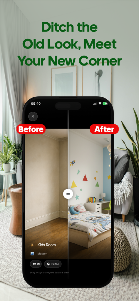 Decor AI: Room Design & AI - Decor AIを使用して子供部屋のインテリアデザインが変身したビフォーアフターの比較。