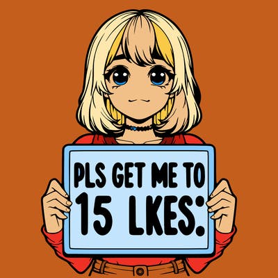 realistic girl holding up a sign that says “pls get me to 15 likes!”