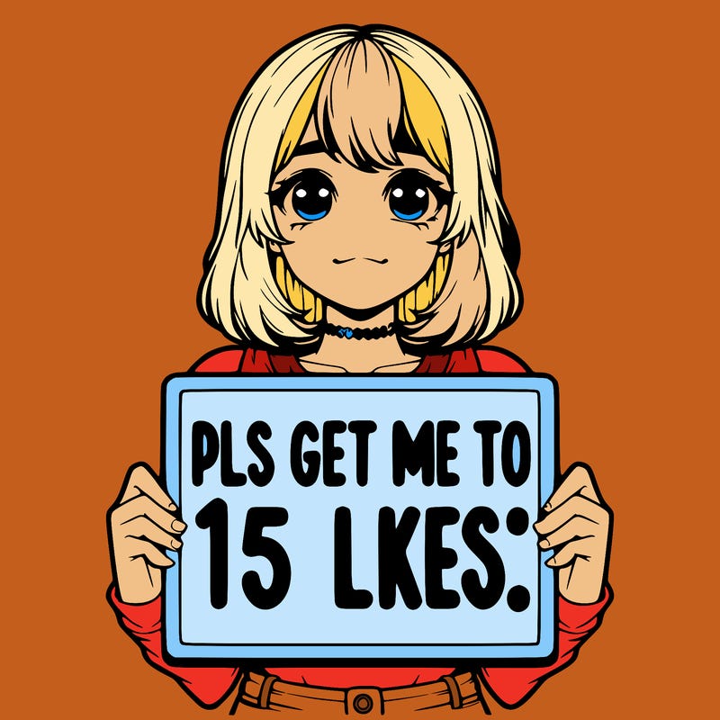 realistic girl holding up a sign that says “pls get me to 15 likes!”