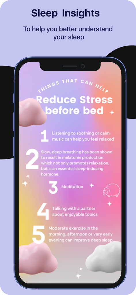 Yawn: Sleep Sounds, Audiobooks - Uma tela de celular mostrando insights de sono e dicas para reduzir o estresse antes de dormir do aplicativo Yawn.