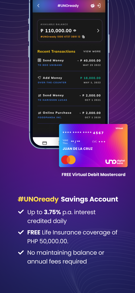 UNO Digital Bank - UNO Digital Bank mobile app interface showing the UNOready savings account balance transactions and a free virtual debit Mastercard