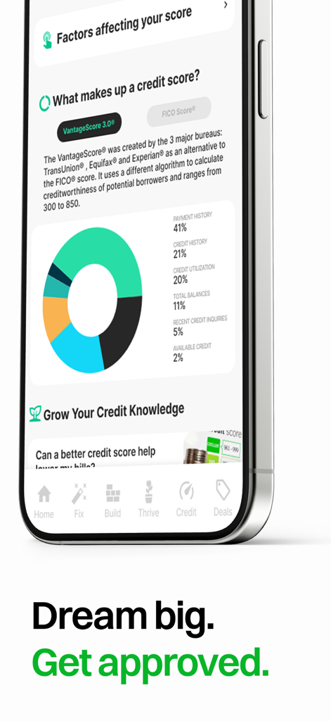 Build & Fix Credit: Dovly AI - A mobile screen from the Dovly AI app showing a colorful donut chart that breaks down credit score factors like payment history and credit utilization.