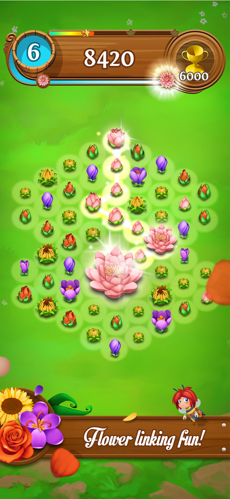 Blossom Blast Saga - Jogabilidade de Blossom Blast Saga mostrando uma corrente de flores cor-de-rosa sendo conectadas para florescer num puzzle de jardim