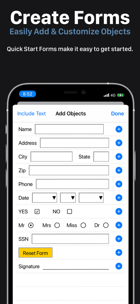 PDF Office Max Acrobat Expert - Interfaz móvil para crear y personalizar formularios PDF profesionales con campos de texto y casillas de verificación.
