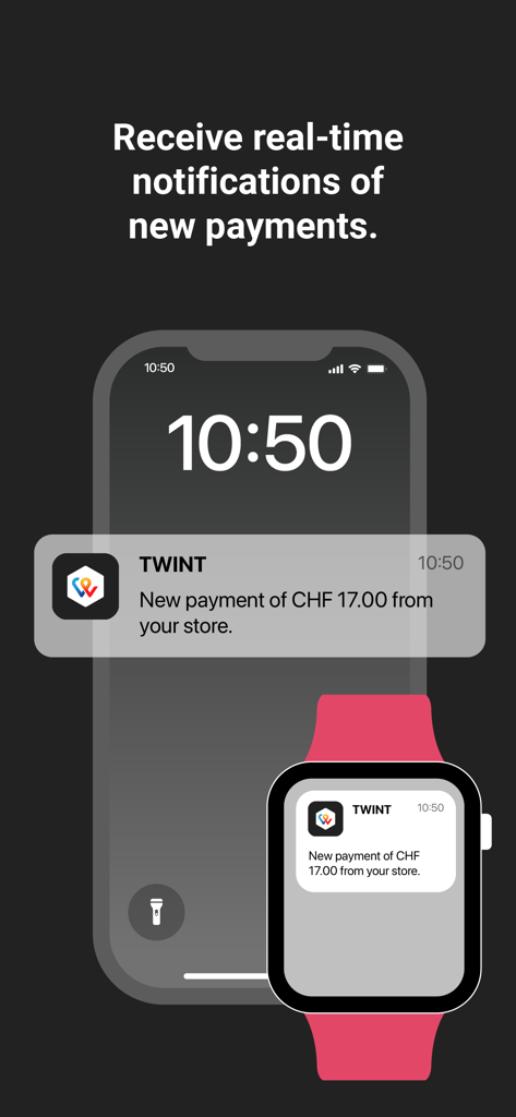 TWINT Business Portal - Echtzeit-Zahlungsbenachrichtigungen auf einem Smartphone und einer Smartwatch für das TWINT Business Portal