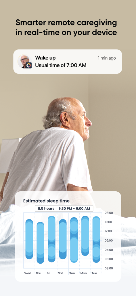 Nomo Smart Care - Nomo app interface displaying estimated sleep time trends and wake up notifications for elderly care