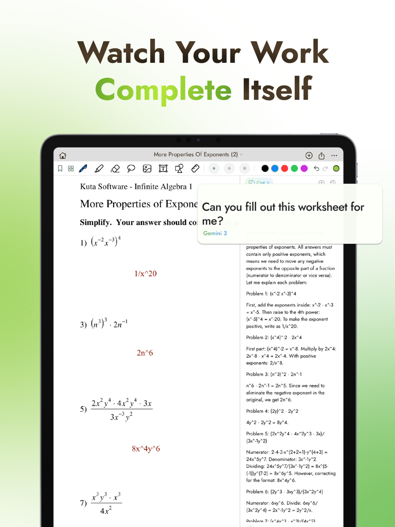 Matcha - Take AI Notes - Matcha AI assistant automatically solving an algebra worksheet on an iPad