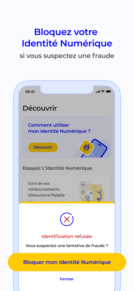 Security screen of the La Poste Digital Identity app featuring a button to block the account if fraud is suspected