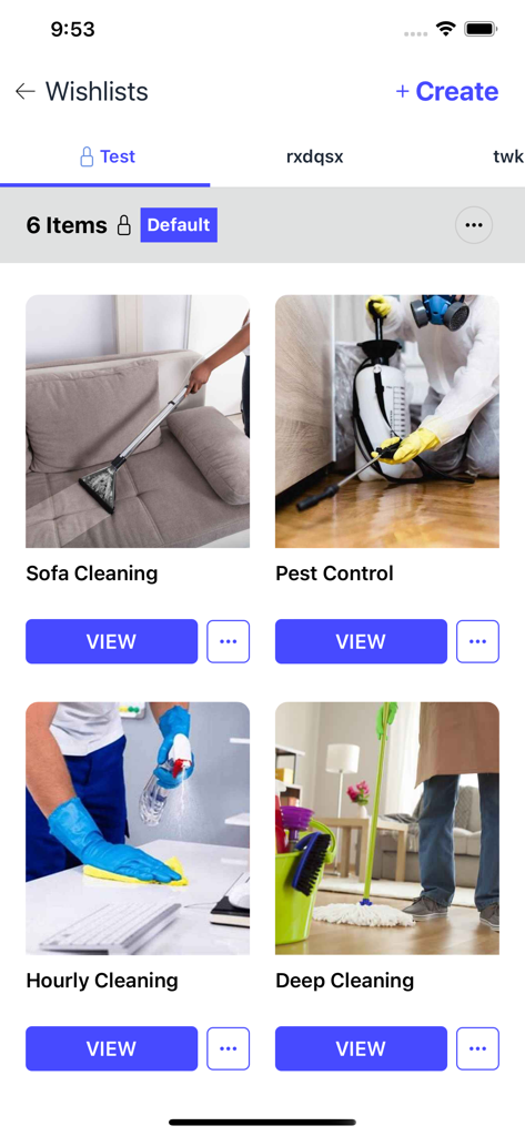 IVSouq: Shopping & Booking - Schermata della wishlist dell'app IVSouq che mostra vari servizi di pulizia e manutenzione della casa