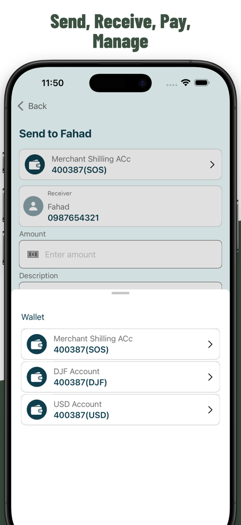 WAAFI Business app interface for sending money with multi-currency wallet options including SOS, DJF, and USD.