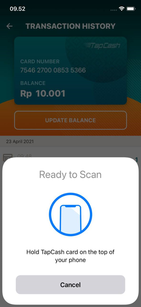 Interfaz de escaneo NFC de BNI TapCash Go para actualizar el saldo de la tarjeta