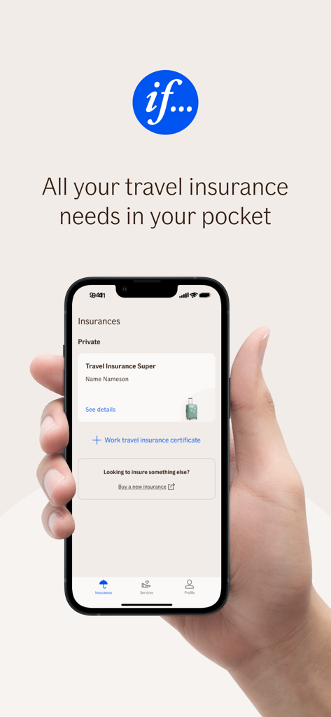 If travel app showing private travel insurance details on a smartphone screen
