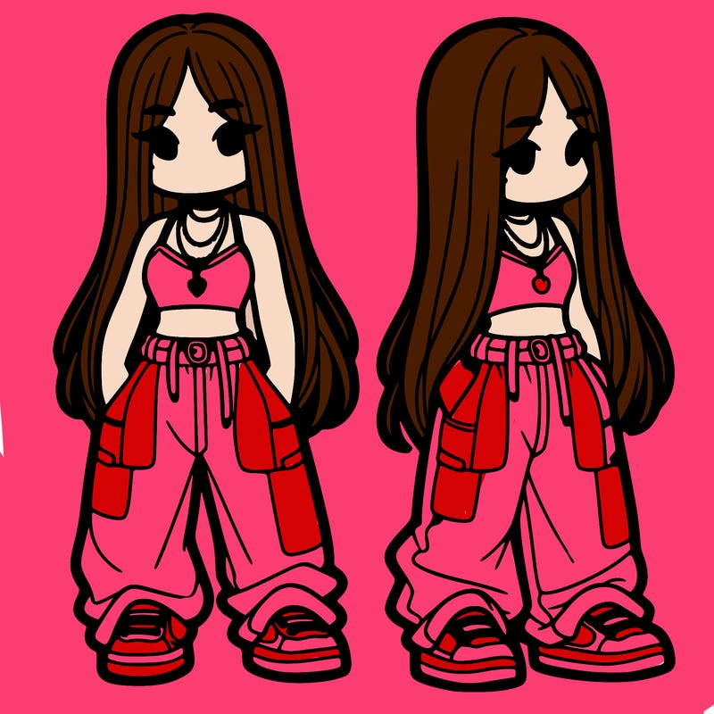 girl in baggy pants crop top and long hair