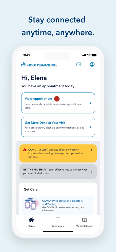 Kaiser Permanente - Kaiser Permanente mobile app home dashboard showing an appointment reminder and health management options.