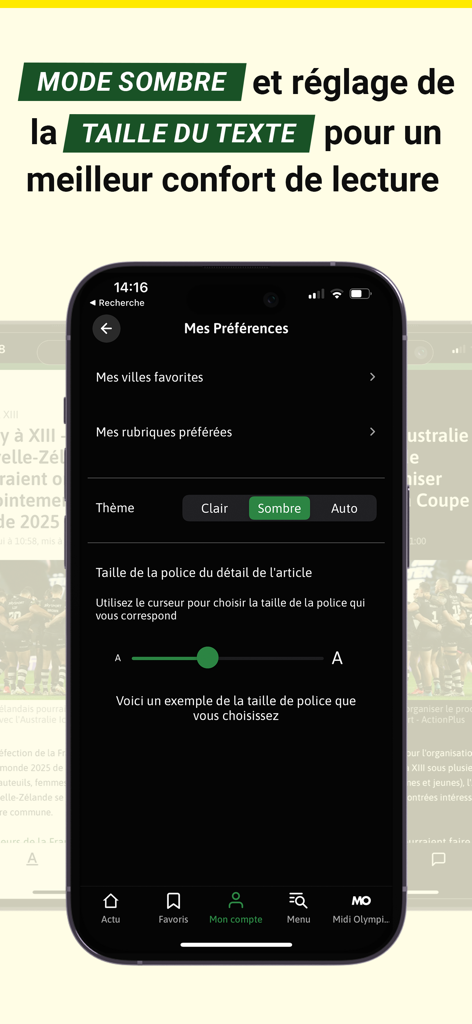 Interfaz de la aplicación Rugbyrama para seleccionar el modo oscuro y ajustar el tamaño del texto.