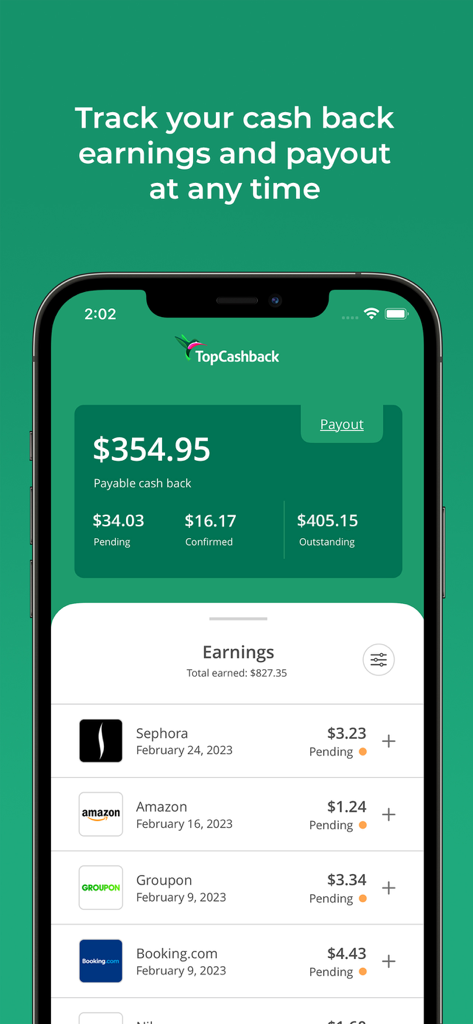 TopCashback app interface showing total cash back earnings and pending transactions