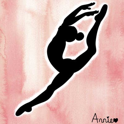 gymnast doing a leap in a leotard with a bent back leg