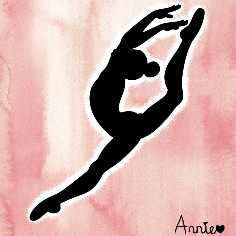 gymnast doing a leap in a leotard with a bent back leg