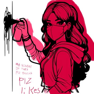 realistic girl with mask spray painting a wall