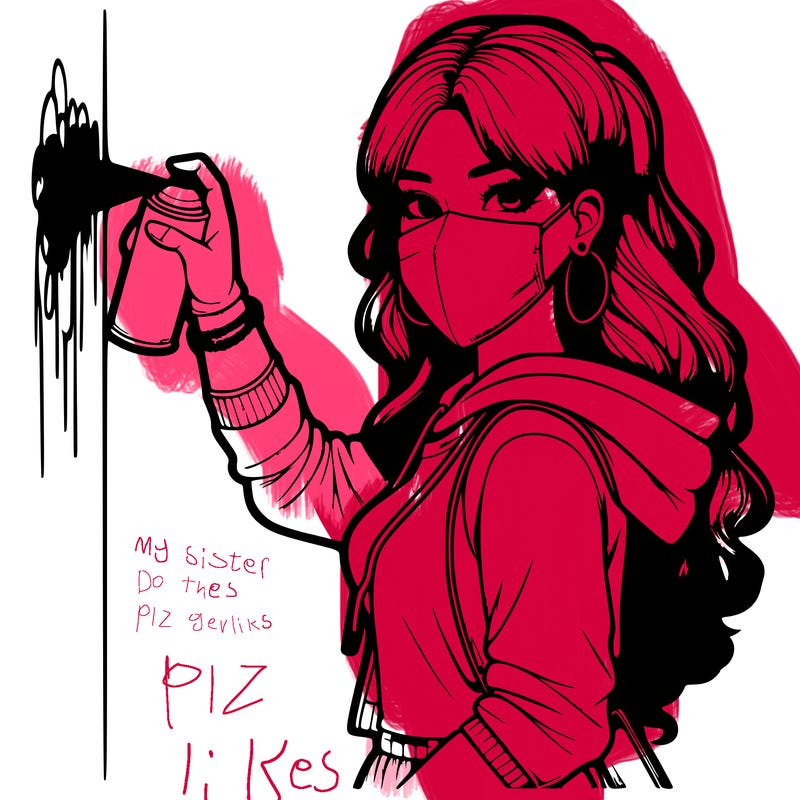 realistic girl with mask spray painting a wall