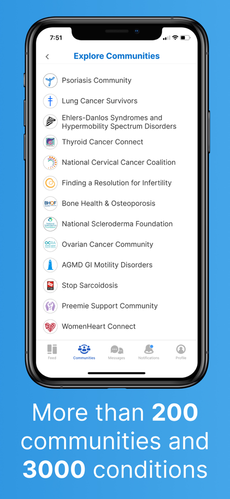 Screenshot of the Inspire health app showing a list of over 200 patient support communities for various medical conditions