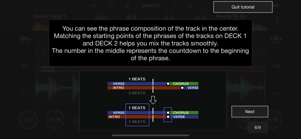 In-app tutorial explaining how to align song phrases for smooth DJ mixing in WeDJ for iPhone.