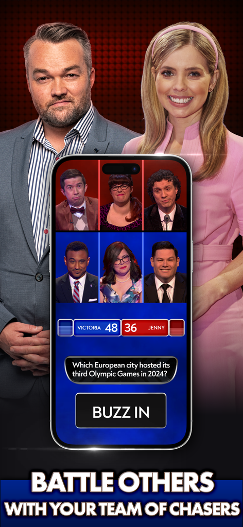 Smartphone screen showing a competitive trivia battle between two teams of Chasers in The Chase World Tour game