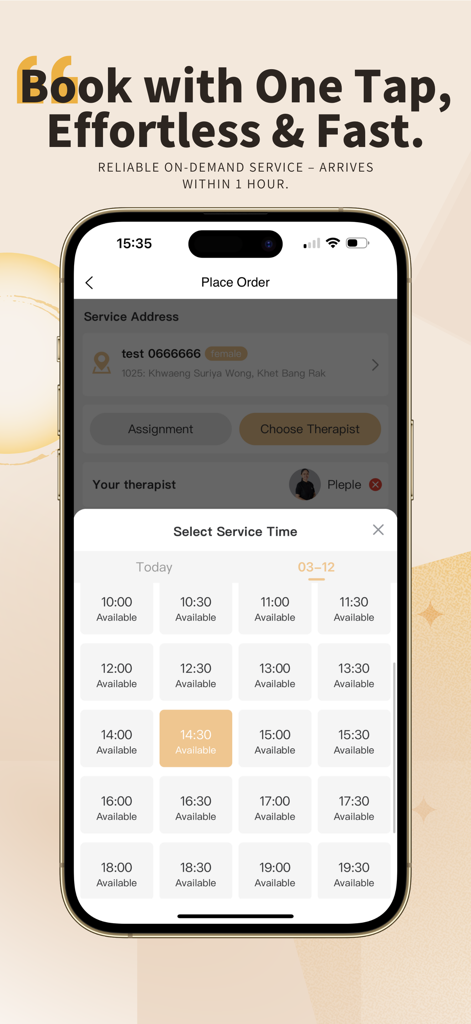 9Nice - Home Massage - Una pantalla de smartphone que muestra la interfaz de selección de horario de la aplicación 9Nice para reservar una cita de masaje a domicilio.