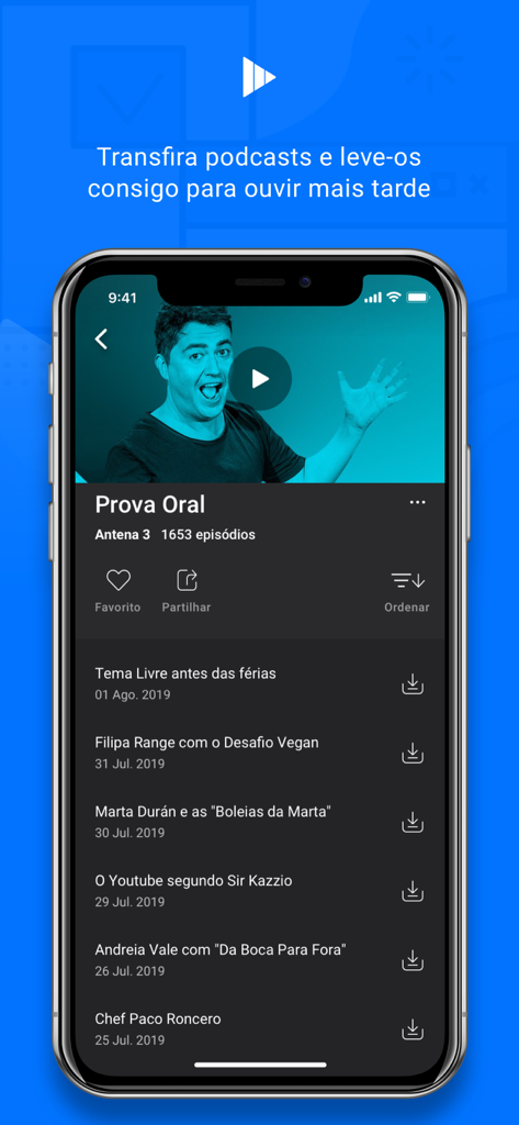 Interface da aplicação móvel RTP Play a exibir uma lista de episódios do podcast Prova Oral da Antena 3 com ícones de download.