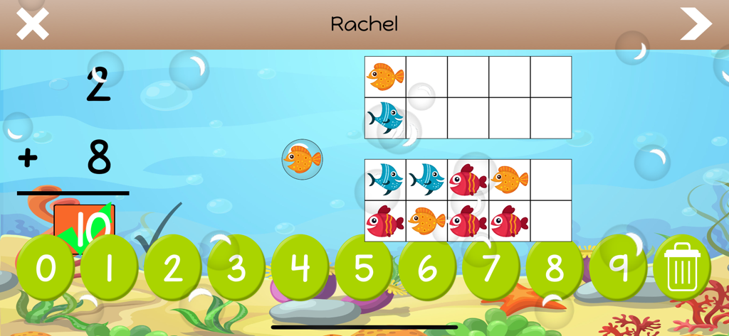 Vertikale Additionsaufgabe 2 plus 8 mit Fisch-Symbolen in Zehnerrahmen auf einem Unterwasserhintergrund