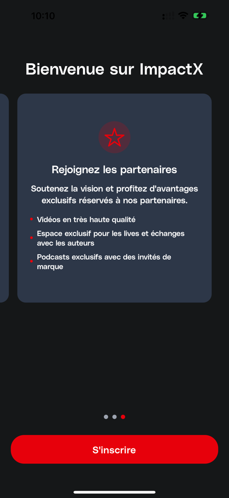 ImpactX - Pantalla de bienvenida de la aplicación ImpactX que destaca los beneficios para socios y un botón de registro