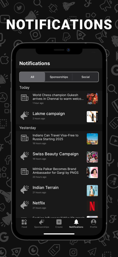 Benachrichtigungsbildschirm in der Flytant App, der Marken-Sponsoring-Deals und soziale Updates anzeigt