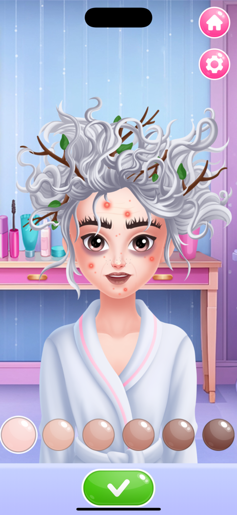 Beauty Salon Girl - Personaje con cabello gris desordenado e imperfecciones en la piel en un juego de salón de belleza