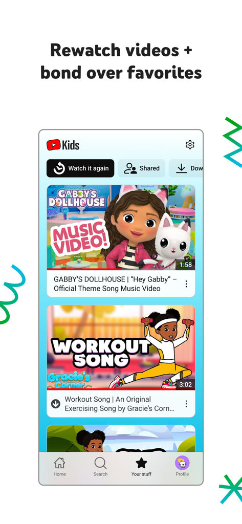 YouTube Kids app interface showing the Watch it again tab with children's video content