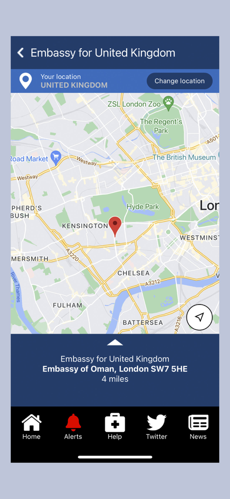 Foreign Ministry of Oman - Vue de carte montrant l'emplacement de l'ambassade d'Oman à Londres dans l'application du ministère des Affaires étrangères d'Oman